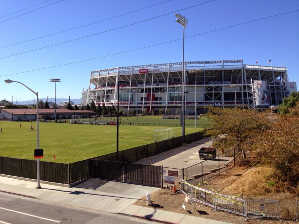 Levi's Stadium is pictured behind some youth soccer fields on Oct. 14, 2104, in Santa Clara, California.
