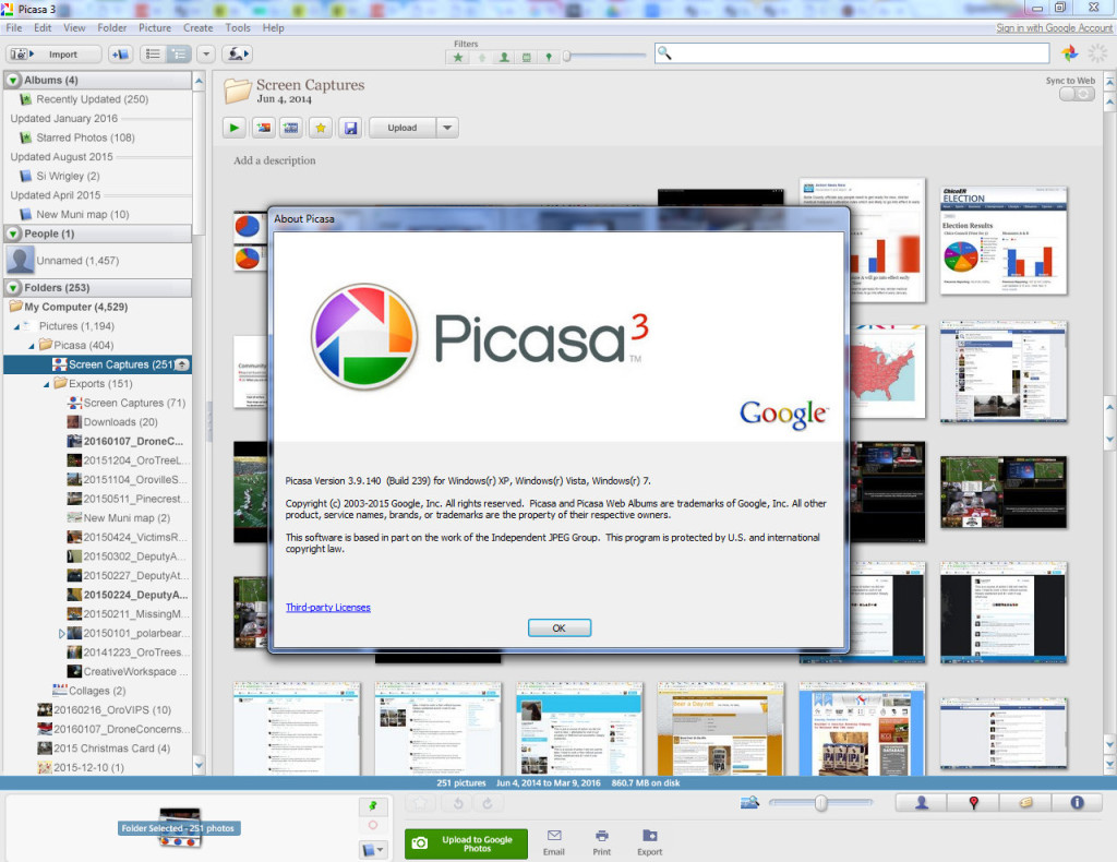 A screen capture showing Google's Picasa desktop software running on a Windows 7 computer on Thursday, March 10, 2016.