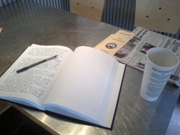 Writing in a journal at the Chipotle on Mangrove Avenue in Chico.