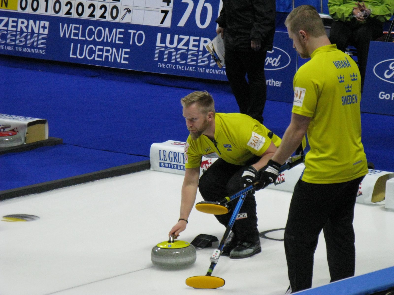 Swedish skip Niklas Edin prepares to deliver a curling stone during a game at the 2018 World Men's Curling Championship in Las Vegas on Monday, April 2, 2018.